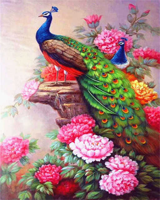 Peacocks In Th e Flowers. DIY Paint By Number.