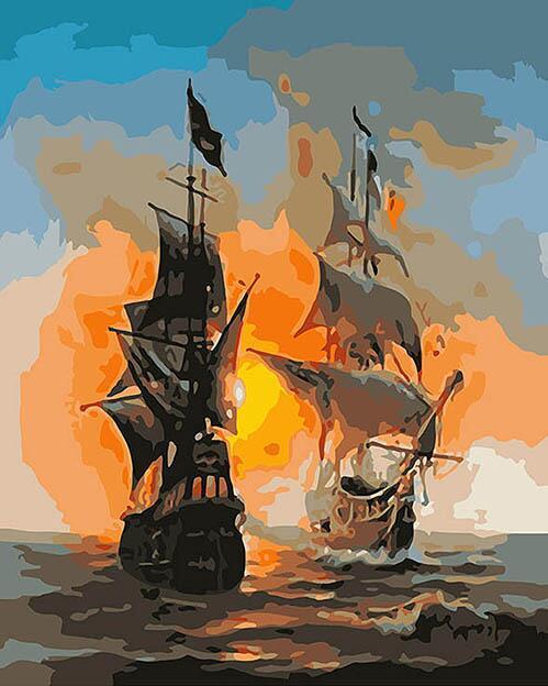 2 Ships in the Raging Sea and The Sunset - Paint it and Hang it on Your Wall