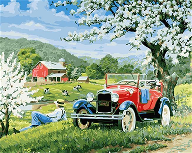 A Man with Hat resting by the Red Car - All Paint by numbers