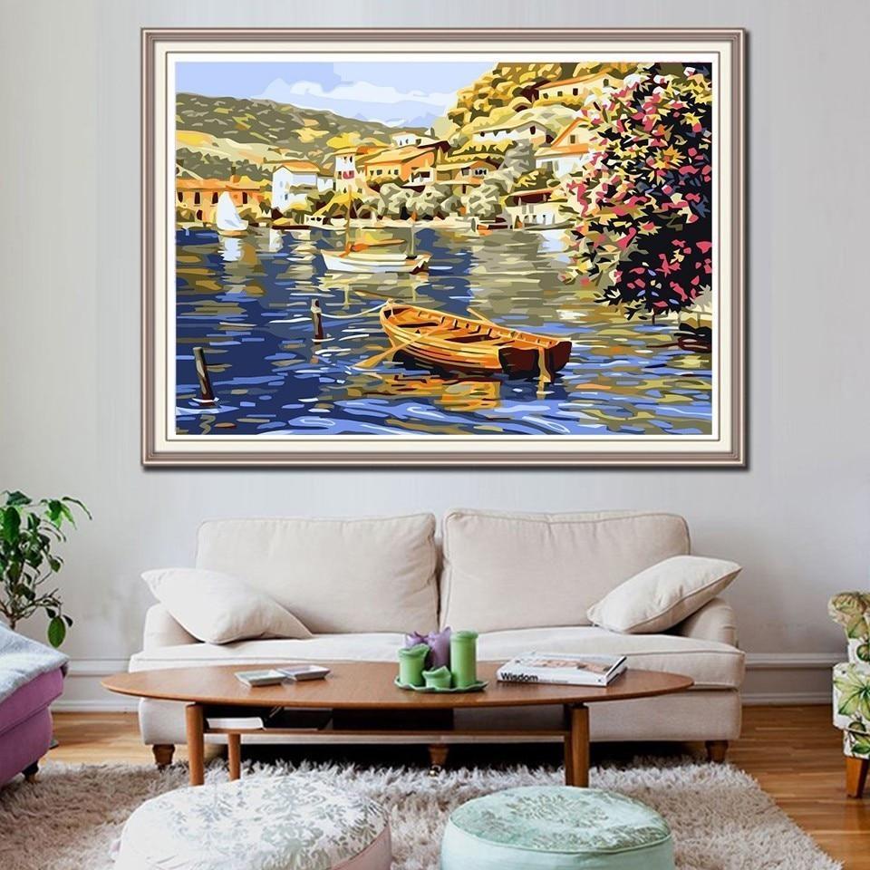 Flowers and Sailing Boat on  the River - All Paint by numbers