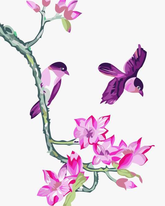 Purple birds sitting on branches of vector
