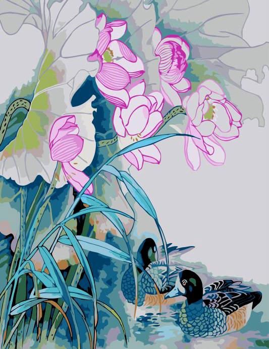 A lovely vintage Chinese embroidery piece of a art of mandarin ducks swimming i Lotus Pond