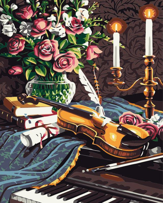 Features a piano With Bunch Of Books And Flower Bouquet with a Touch Of Light Up Candles on Side.