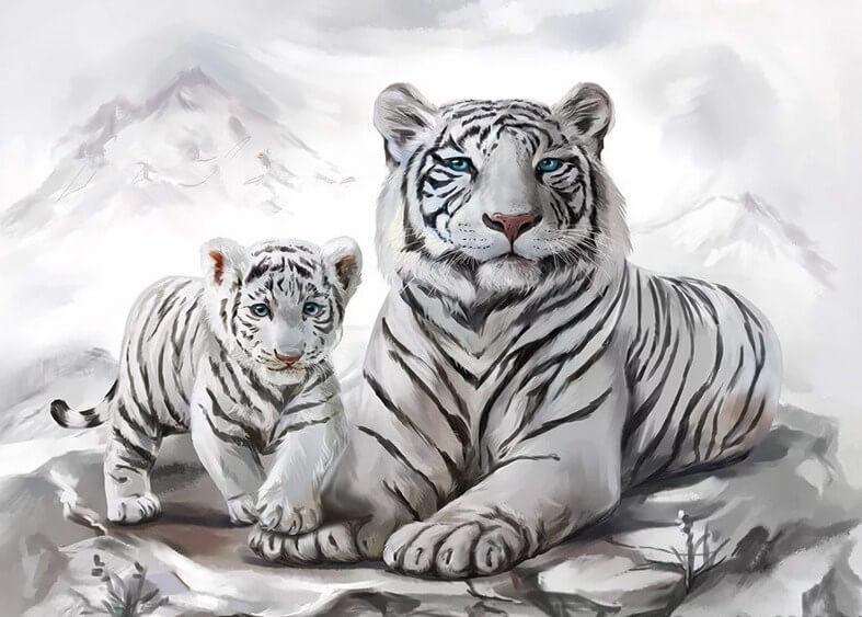 White Tiger with Little Cub