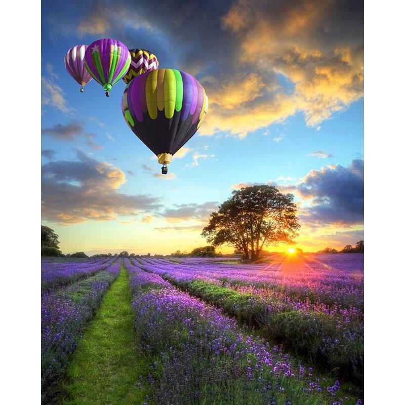 Sunset, Beautiful Balloons over Purple Fields - All Paint by numbers