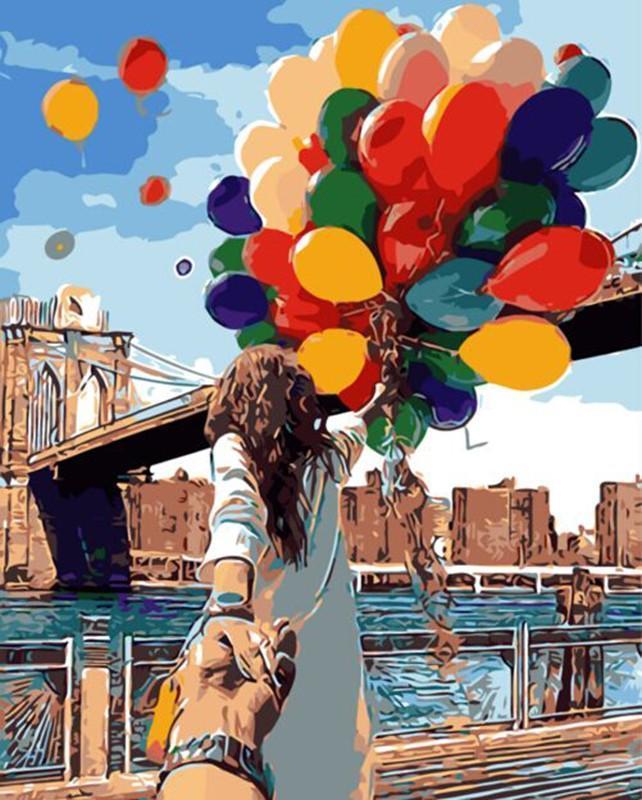 Traveler with Balloons at Brooklyn Bridge New York - All Paint by numbers