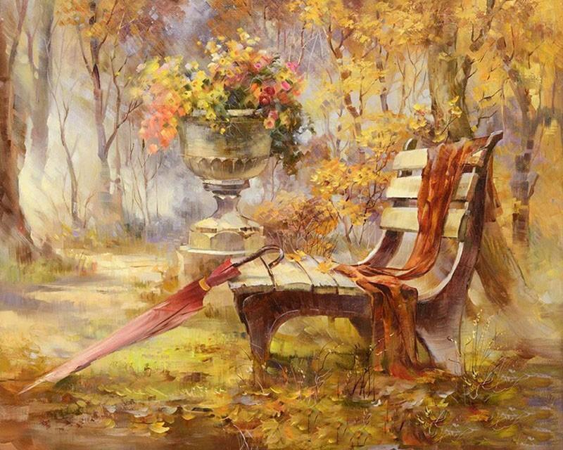 Autumn Garden and Bench Painting - All Paint by numbers
