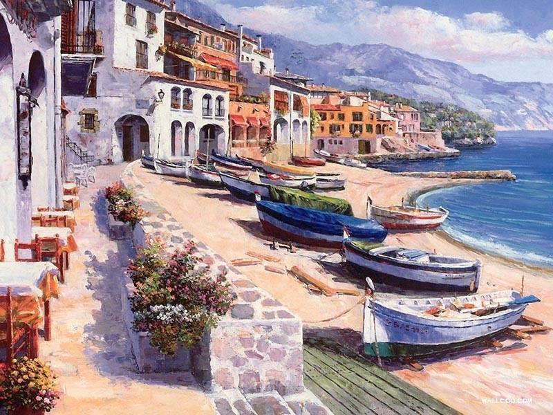 Town on the Beach and Boats Paint by Number Kit for Adults - All Paint by numbers