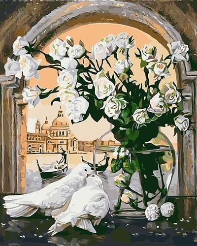 White Flower And Pigeons Drawing and Painting by Numbers - All Paint by numbers