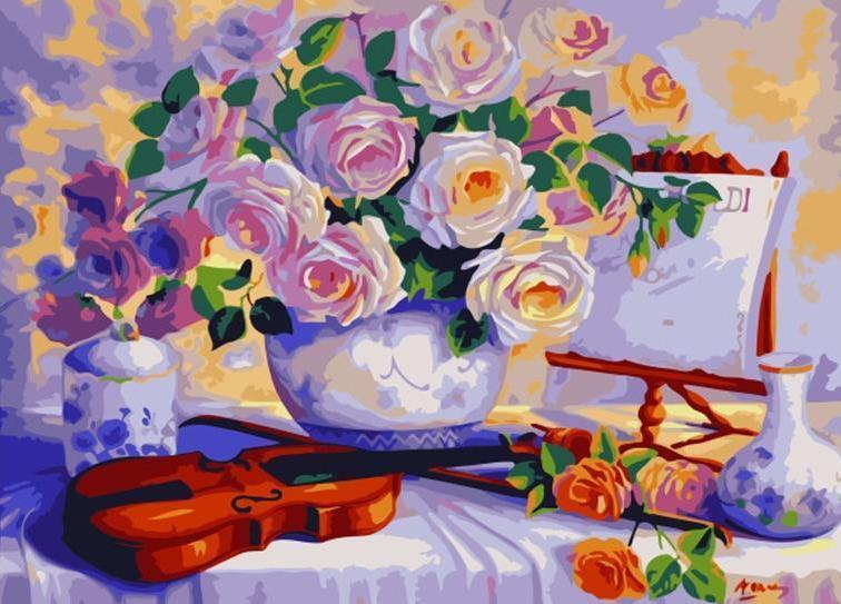 Flower Vase & Guitar on Table - All Paint by numbers