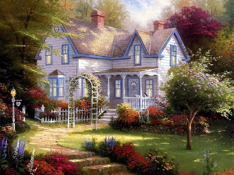 Beautiful House in the Forest, Colorful Flowers - All Paint by numbers