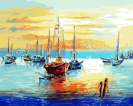 Boats in the sea and The Sunset - Paint by Numbers for Adults - All Paint by numbers