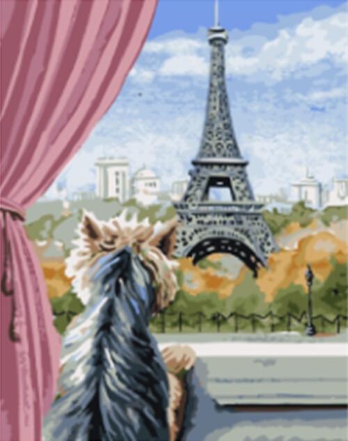 Dog Starring Eiffel Tower from the Window - All Paint by numbers