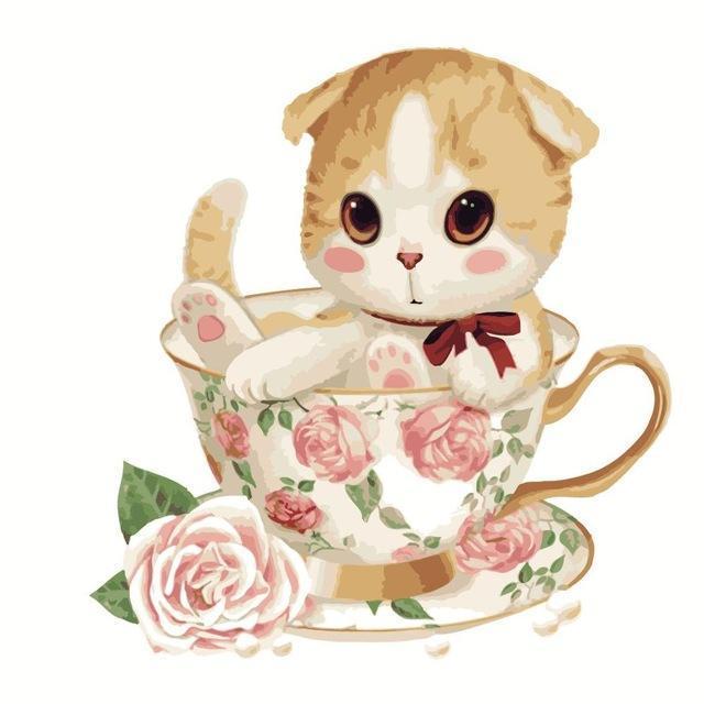 Cute Kitten in the Floral Cup Painting - Paint by Numbers Cartoons - All Paint by numbers