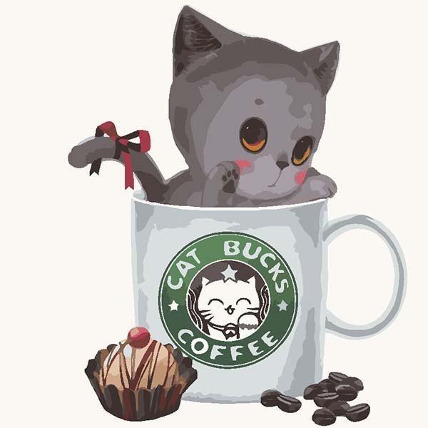 Little CUTE Cat in the CAT Bucks Cup - Paint it yourself or GIFT it - All Paint by numbers