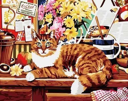 Big Cat Sitting on Table with Flowers and Other Stuff - All Paint by numbers