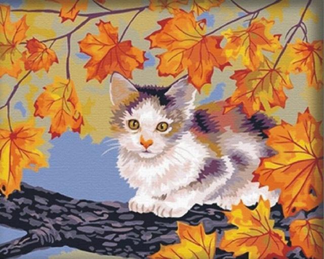 Cat sitting on Branch in Autumn - Painting by Numbers - All Paint by numbers