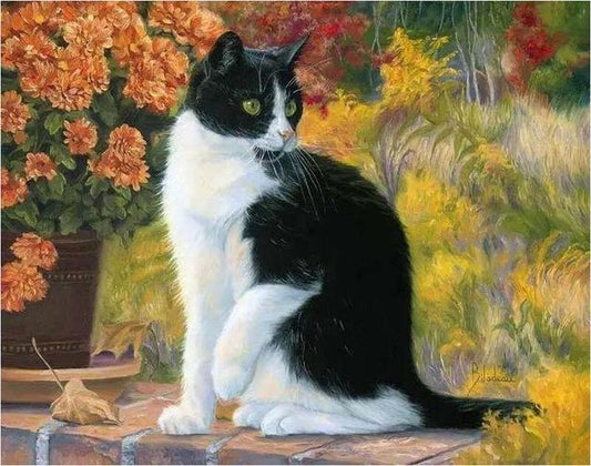 Cat Sitting Near Flowers - Piant by Numbers - All Paint by numbers