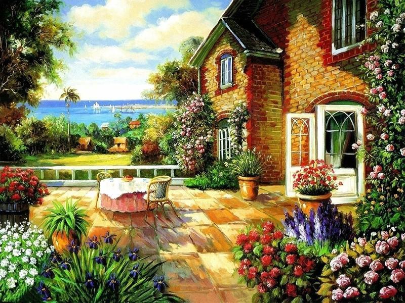 A House Near Sea with Colorful Flowers - DIY Painting Kit - All Paint by numbers