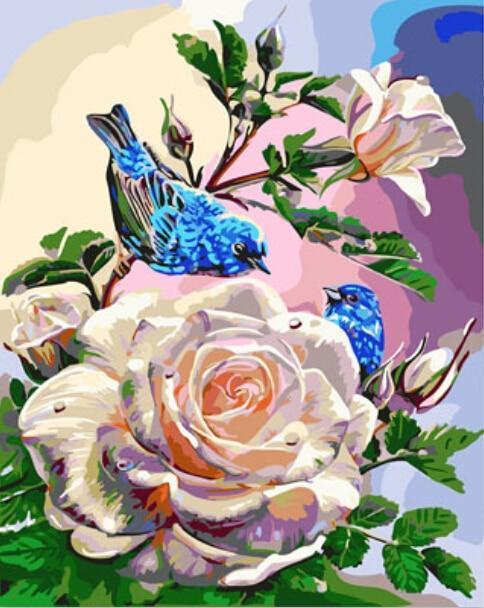 Pair of Blue Sparrows & A White Rose - All Paint by numbers