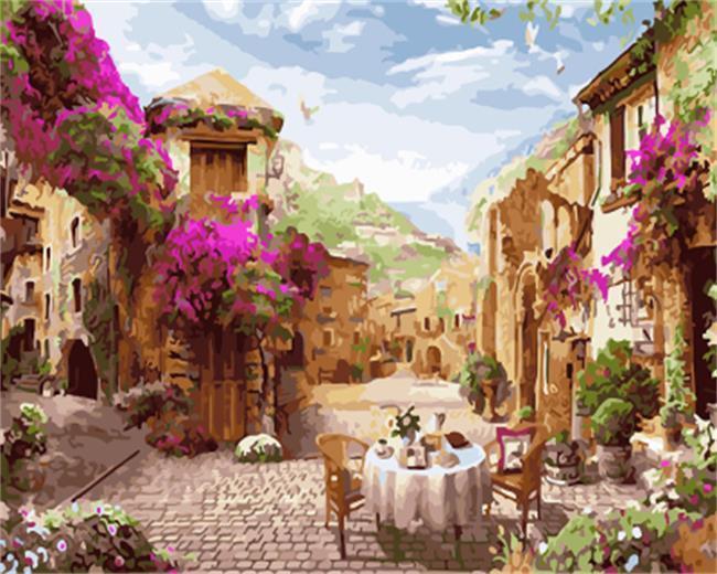 A Street with Pink & White Flowers - All Paint by numbers