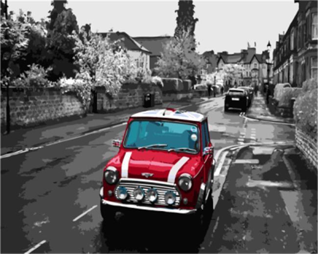 Black & White Street with Bright Red Car - All Paint by numbers