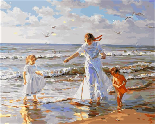 A Mother Playing with Children by the Beach - All Paint by numbers