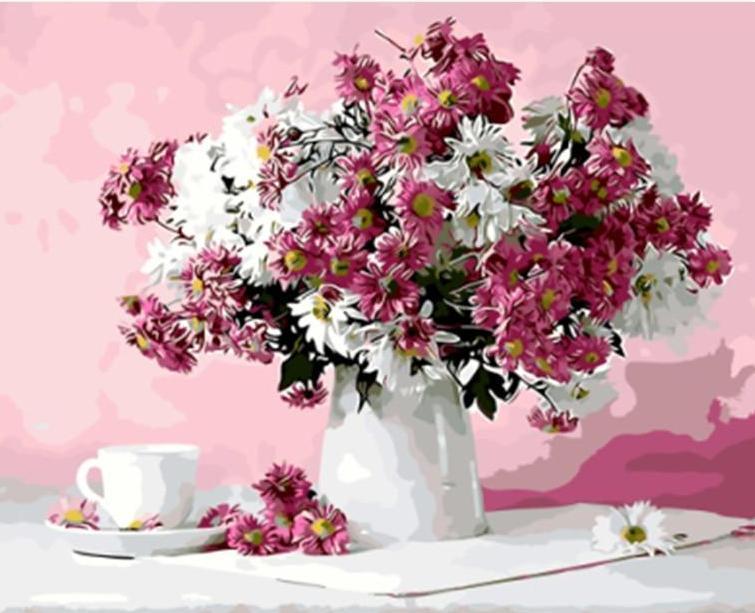 Pink & White Flowers in a Vase with Cup of Tea - All Paint by numbers