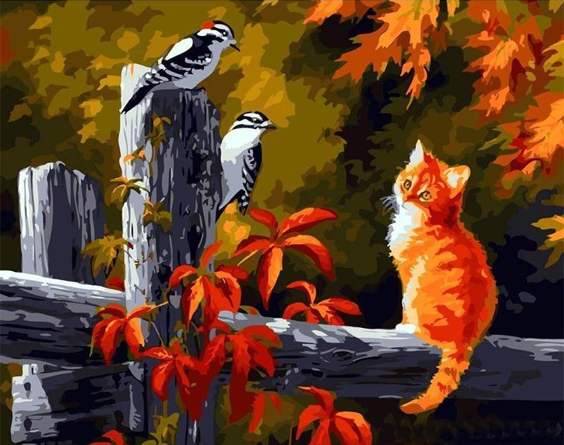 cat and birds adult diy painting