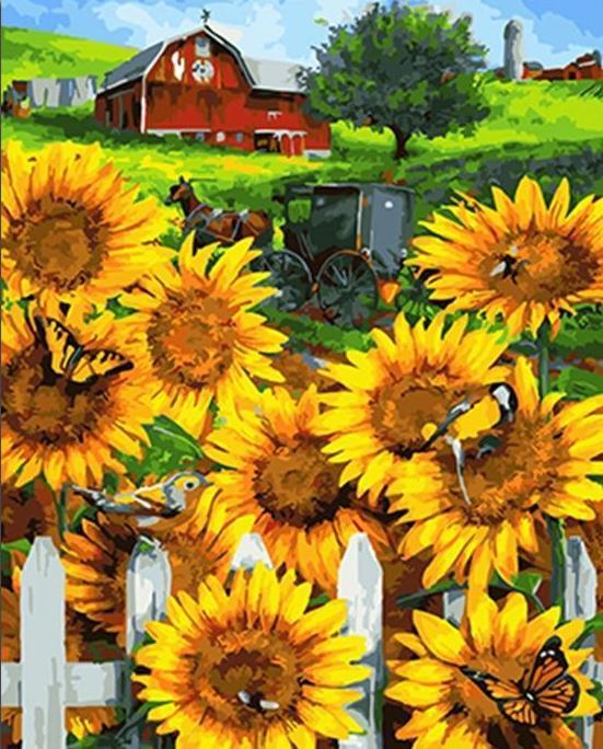 A Home View with Yellow Sun Flowers - All Paint by numbers