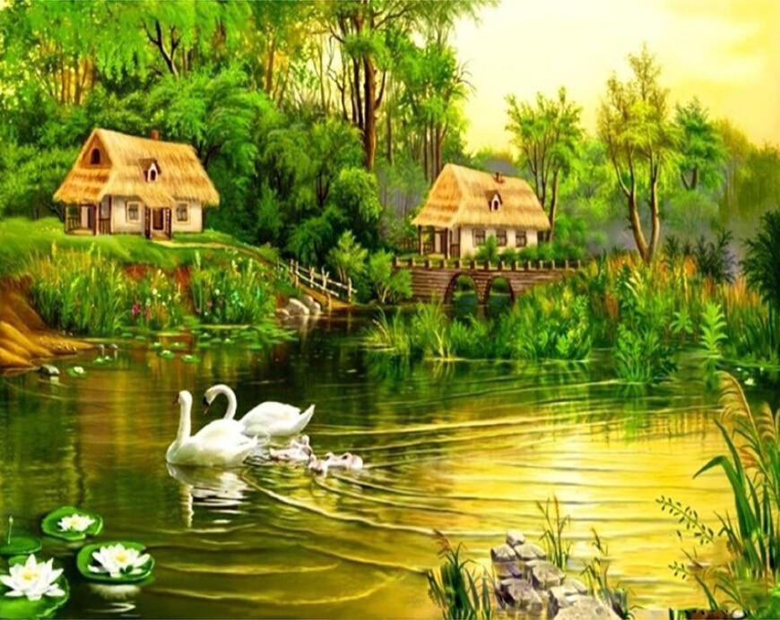 A Swan Family & Green Forest - All Paint by numbers