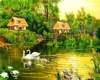 A Swan Family & Green Forest - All Paint by numbers