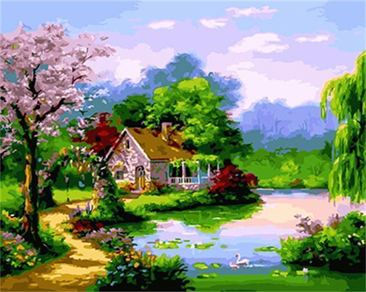 A Cherry Tree & House by the Lake - All Paint by numbers