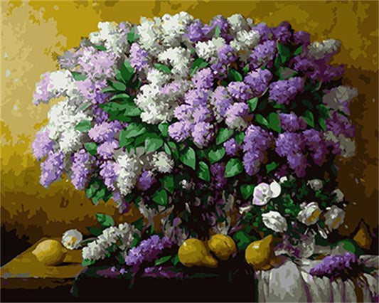 White & Purple Flowers on Table with Lemons - All Paint by numbers