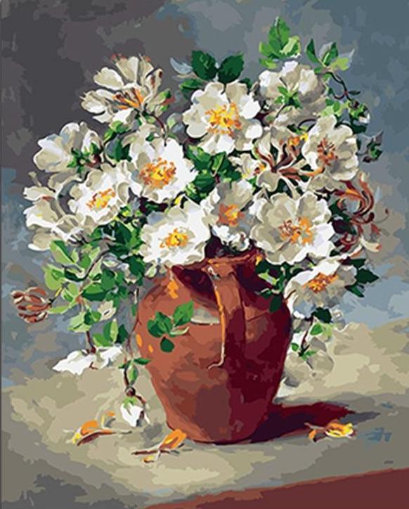 A Flower Pot full of White Daises - All Paint by numbers