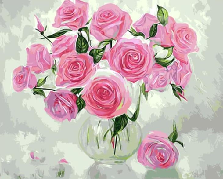 Pink Roses & Green Leaves in A Glass Vase - All Paint by numbers