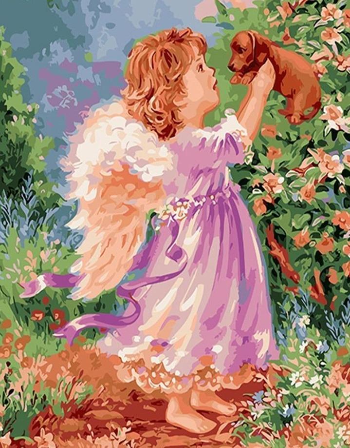 A Baby Angel playing with Puppy - All Paint by numbers