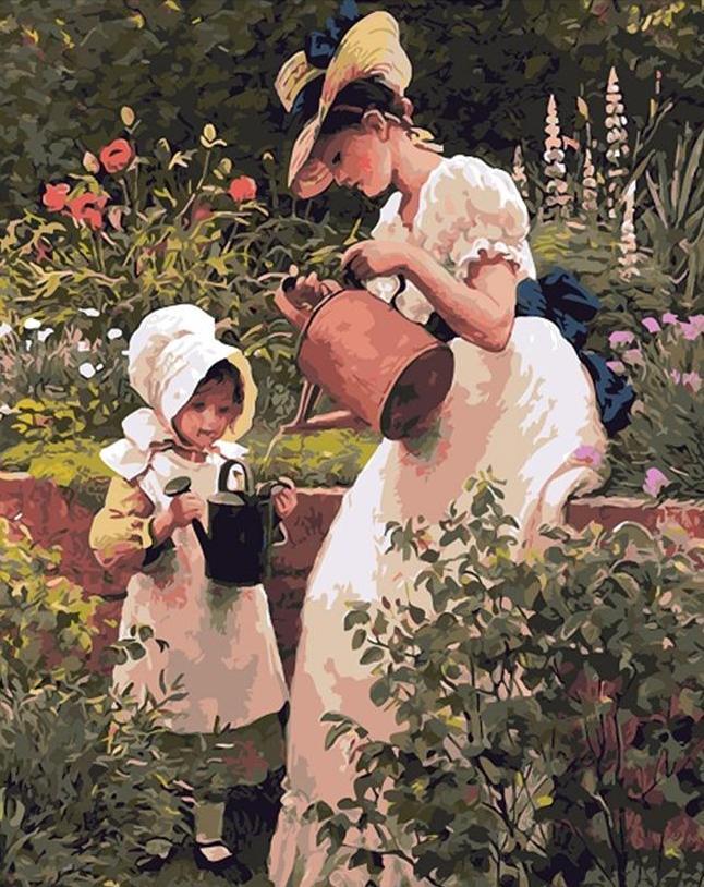 Mother & Child Watering Plants - All Paint by numbers