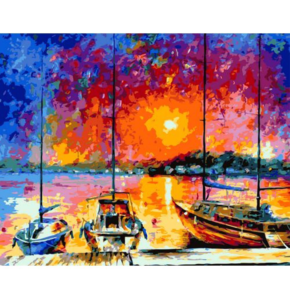 Boats Resting by the River - All Paint by numbers