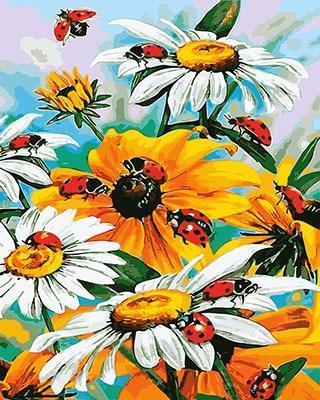 Yellow & White Flowers with Lady Birds - All Paint by numbers