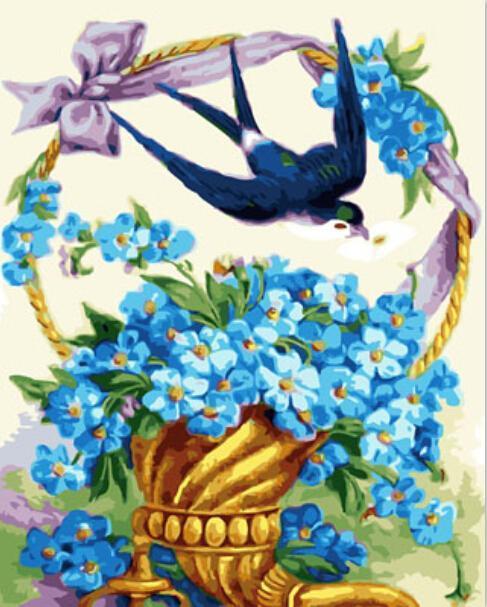 A Bird & A Basket of Blue Flowers - All Paint by numbers
