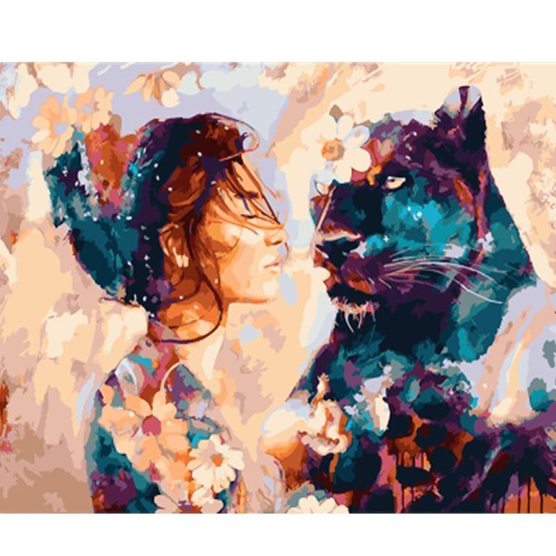 A Girl & A Black Leopard - All Paint by numbers