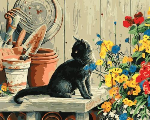 Black Cat with Flowers - All Paint by numbers